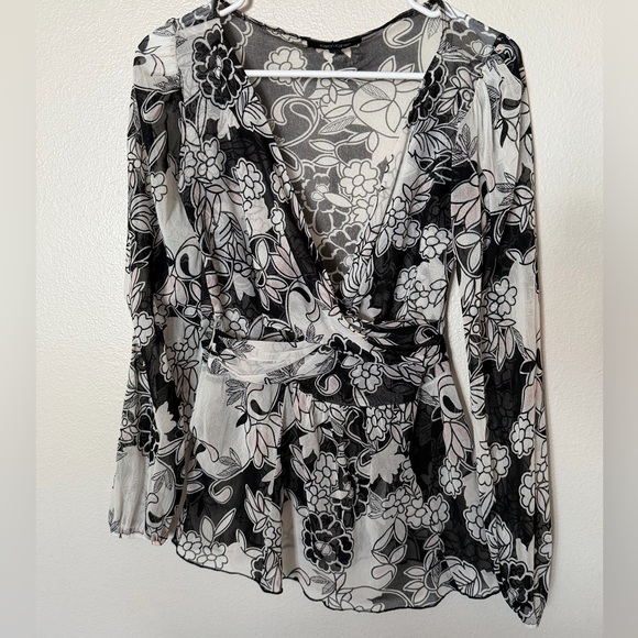 Karen Kane Tops - Karen Kane Vintage Y2K Sheer Floral Wrap Blouse Black White S Fairy Grunge